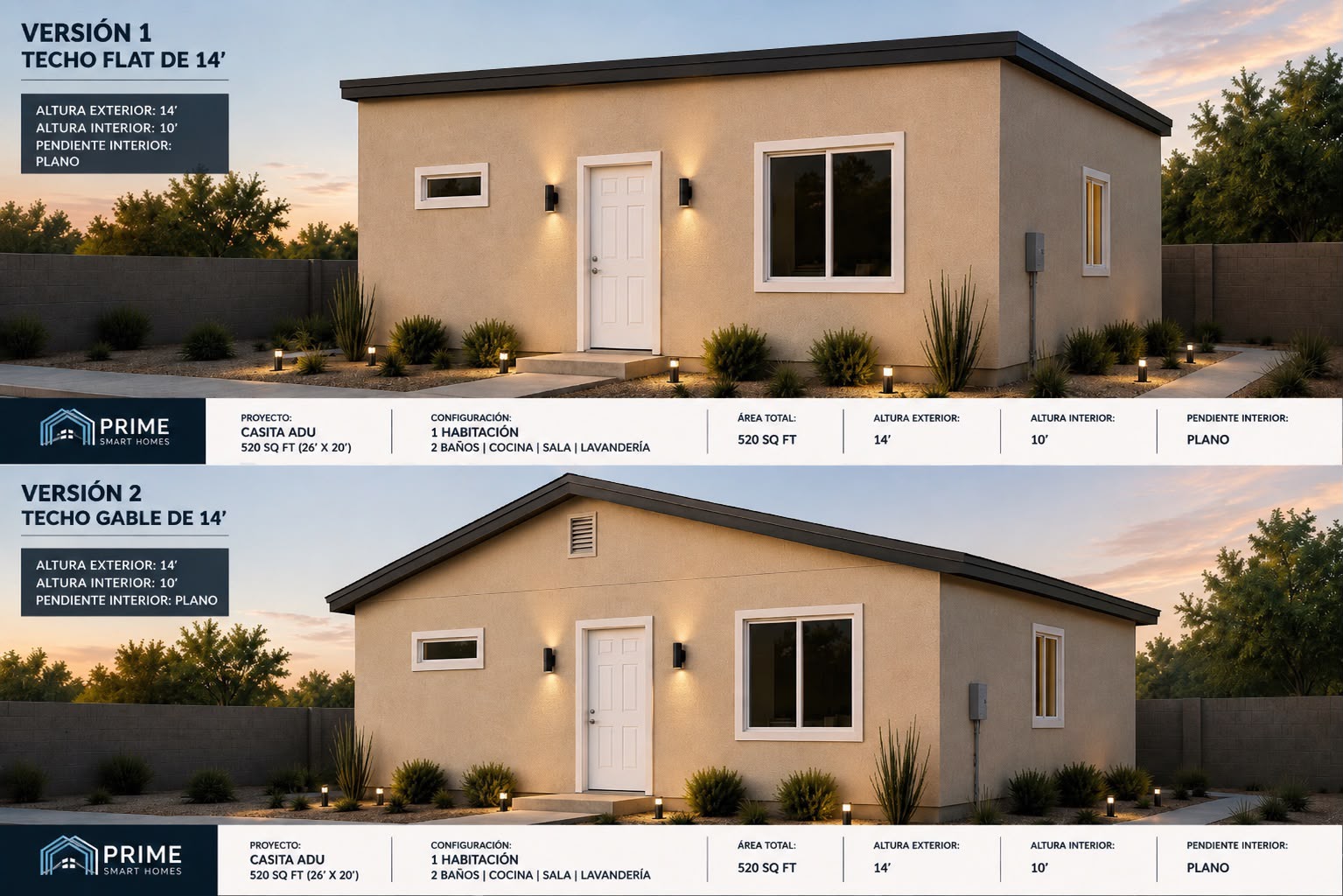 Render del diseño de la ADU de 520 sq ft en East Phoenix, Arizona