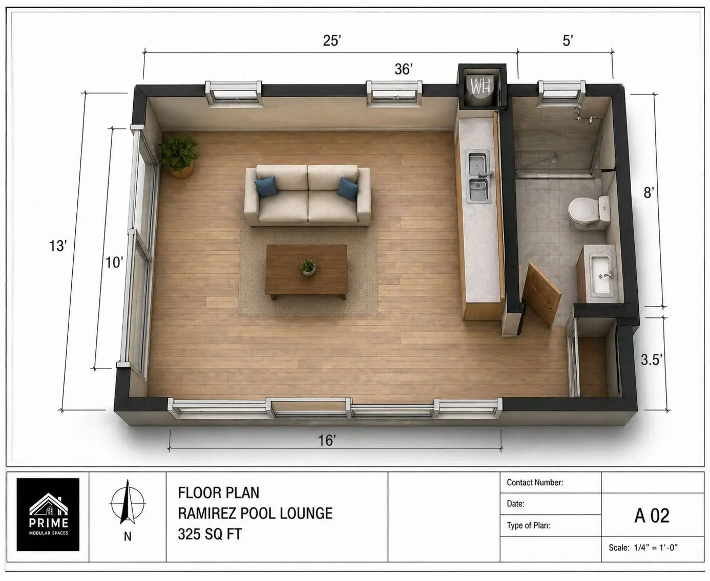 Plano de planta del Pool Lounge 325 sq ft con living, baño y kitchenette